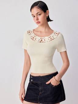 Cider - Knit Women's Hollow Out Asymmetrical Neck Top Cream