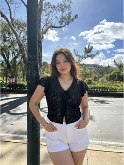 Cider - Chiffon Women's V-Neck Ruffled Sleeve Lace Panel Top Black
