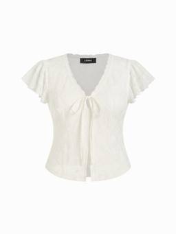 Cider - Chiffon Women V-Neck Ruffled Lace Panel Top Cream