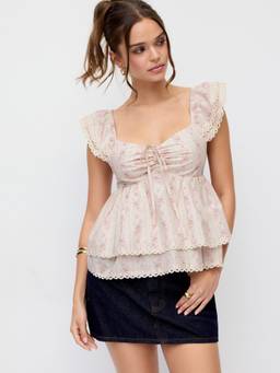 Cider - Floral Lace Women's Sweetheart Neck Ruffle Sleeve Blouse Pink
