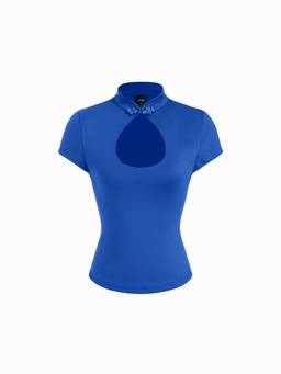 Cider - Women's Cut-Out Mandarin Neck Short Sleeve Crop Top Blue