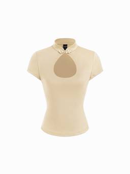 Cider - Mandarin Collar Women's Cut-Out Short Sleeve Crop Top Yellow