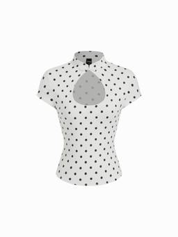 Cider - Polka Dot Women's Mandarin Neck Cut-Out Crop Top White