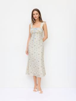 Cider - Plisse Floral Women's Square Neck Bow Lace Trim Midi Dress White