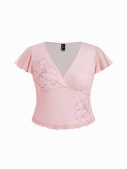 Cider - Floral Embroidery Women's Rhinestone V-Neck Ruffle Sleeve Top Pink