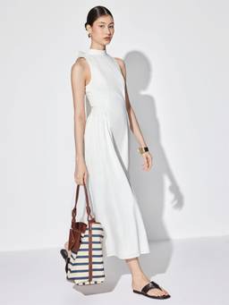Cider - Cotton Women's Backless Bowknot High Neck A-Line Maxi Dress White