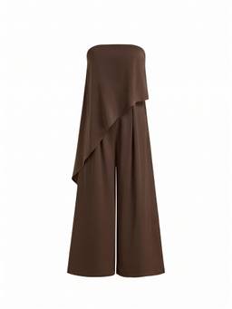Cider - Satin Women's Strapless Asymmetrical Wide-Leg Jumpsuit Brown