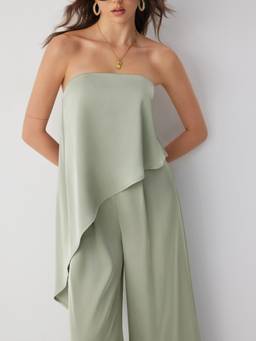 Cider - Satin Women's Strapless Asymmetrical Wide-Leg Jumpsuit Green