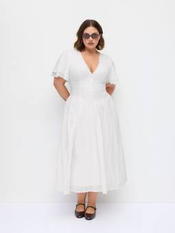 Cider - Floral Embroidery Women V-Neck Ruffle Sleeve A-Line Maxi Dress White
