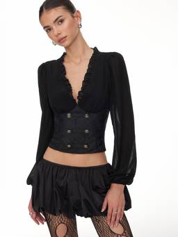 Cider - Jacquard Floral Women V-Neck Lantern Sleeve Corset Top Black