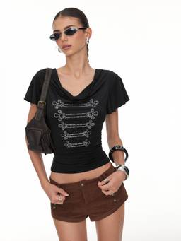 Cider - Rhinestone Graphic Women's Ruched Cowl Neck Top Black