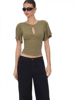 Cider - Textured Women's Ruffle Sleeve Cut-Out Button Top Olive