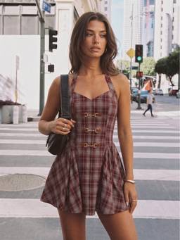 Cider - Plaid Halter Women's Lace-Up Milkmaid Mini Dress Wine