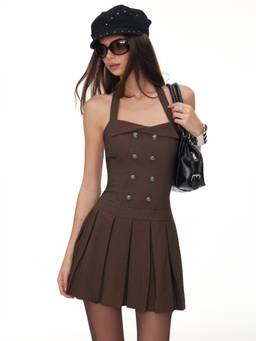 Cider - Metal Button Women's Halter Neck Pleated Mini Dress Brown