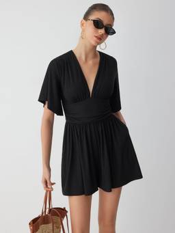 Cider - Textured Women Ruched V-Neck Bell Sleeve Romper Black