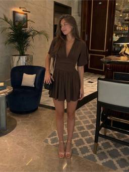 Cider - Textured Women's V-Neck Ruched Bell Sleeve Romper Brown