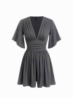 Cider - Textured Women Ruched V-Neck Bell Sleeve Romper Dark Grey
