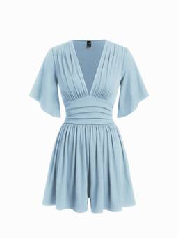 Cider - Textured Women’s V-Neck Ruched Bell Sleeve Romper Light Blue