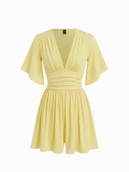 Cider - Textured Women's V-Neck Ruched Bell Sleeve Playsuit Yellow