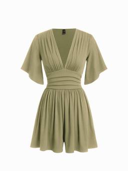 Cider - Textured Women's Ruched V-Neck Bell Sleeve Romper Pale Green