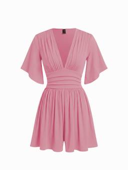 Cider - Textured Women's Ruched V-Neck Bell Sleeve Romper Pink