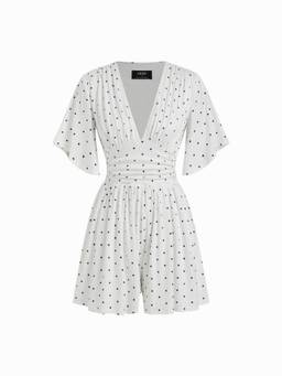 Cider - Textured Women Ruched V-Neck Bell Sleeve Romper White