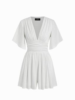 Cider - Textured Women's V-Neck Ruched Bell Sleeve Romper White