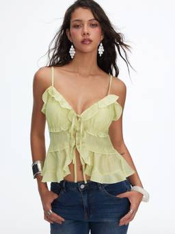 Cider - Textured Women’s Ruffled V-Neck Tie-Up Crop Top Green