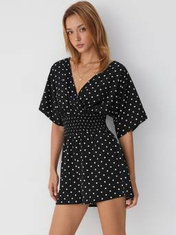 Cider - Polka Dot Women’s V-Neck Wrap Shirred Waist Playsuit Black
