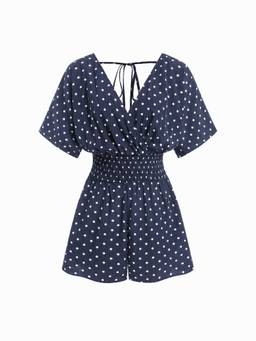 Cider - Polka Dot Women's V-Neck Wrap Cloak Sleeve Playsuit Navy Blue