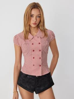 Cider - Cotton Blend Women Gingham Peter Pan Collar Puff Sleeve Blouse Red