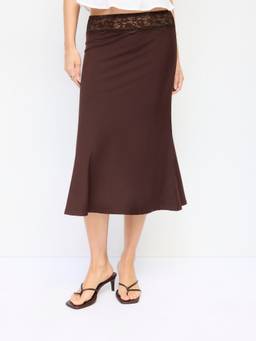 Cider - Satin Lace Women's Mid-Rise Solid Midi Skirt Brown