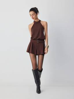 Cider - Pleated Women's Halter Neck Backless Belted Romper Brown