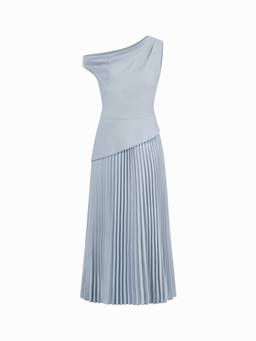 Cider - Asymmetrical Neck Women's Pleated Flared Maxi Dress Baby Blue