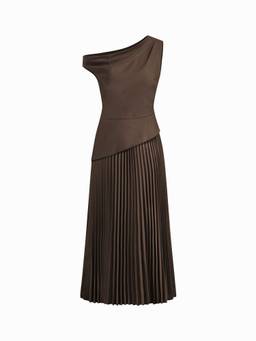Cider - Asymmetrical Neck Women's Pleated Flared Maxi Dress Coffee