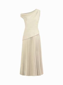 Cider - Pleated Women's Asymmetrical Neck Flared Maxi Dress Cream