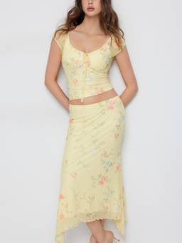 Cider - Mesh Floral Women's Ruched Tie-Front Skirt Set Yellow