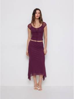 Cider - Mesh Floral Women's Ruched Tie-Up Skirt Set Purple