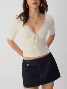 Cider - Lace Trim Women's V-Neck Tie-Up Regular Top Cream