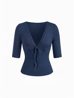 Cider - Lace Trim Women's V-Neck Tie-Front Regular Top Navy Blue