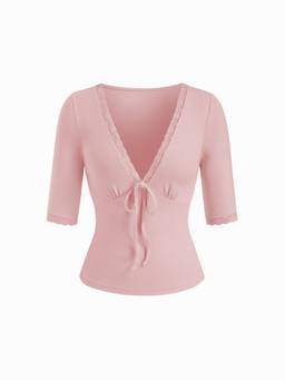 Cider - Lace Trim Women's Tie-Front V-Neck Top Pink