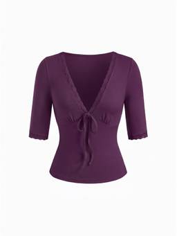Cider - Lace Trim Women Tie-Front V-Neck Top Purple