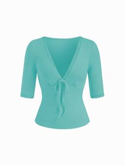 Cider - Lace Trim Women V-Neck Tie-Up Regular Top Teal