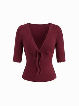 Cider - Lace Trim Women's Tie-Front V-Neck Top Wine