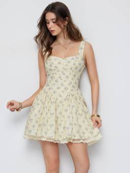 Cider - Eyelet Trim Women's Floral Sweetheart Flared Mini Dress Cream