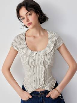 Cider - Striped Women's Scoop Neck Ruffle Hem Bow Blouse Cream
