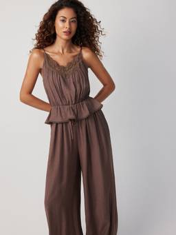 Cider - Textured Women's V-Neck Lace Trim Peplum Hem Jumpsuit Brown