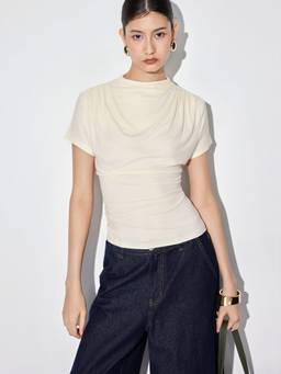Cider - Ruched Women's Stand Collar Short Sleeve Top Cream