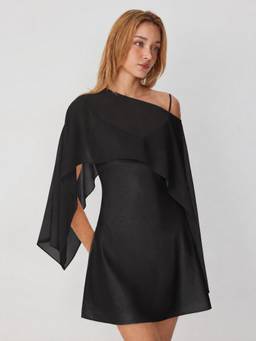 Cider - Sheer Cape Women's Boat Neck Satin Mini Dress Set Black