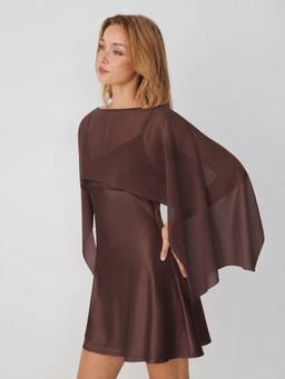 Cider - Sheer Women's Boat Neck Cape Satin Mini Dress Set Brown